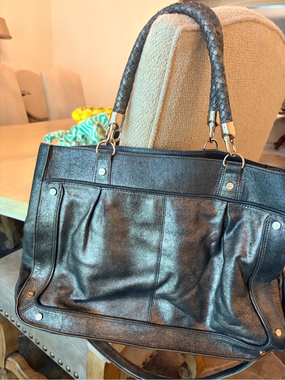 Elaine Turner Metallic Black Braided-Handle Tote